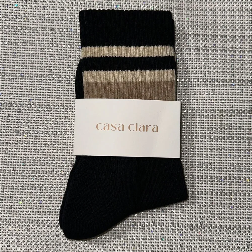 casa clara Lillian Black Taupe Ribbed Varsity Stripe Cotton Blend Crew Socks